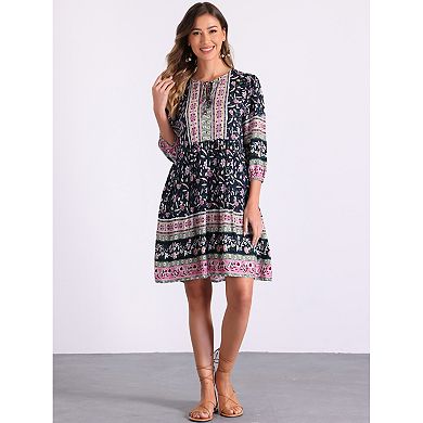 Boho Floral Dresses for Women's Summer Tie Neck Loose Babydoll Swing Dress