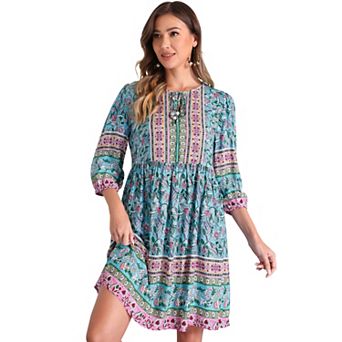 Boho Floral Dresses for Women's Summer Tie Neck Loose Babydoll Swing Dress