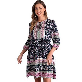 Boho Floral Dresses for Women's Summer Tie Neck Loose Babydoll Swing Dress