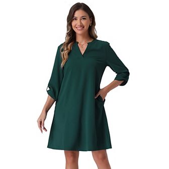 Women's Casual Shift Dress V Neck Roll-Up Sleeve Tunic Beach Cover Up Dresses