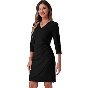 Wrap Dress for Women's 3/4 Sleeve Ruched V Neck Wedding Guest Casual Elegant Midi Dresses