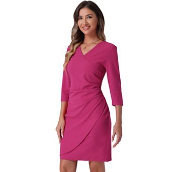 Wrap Dress for Women's 3/4 Sleeve Ruched V Neck Wedding Guest Casual Elegant Midi Dresses