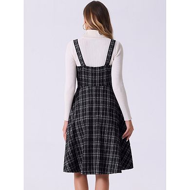 Tweed Dress for Women's Sleeveless Square Neck Plaid A-Line Pinafore Overall Dresses