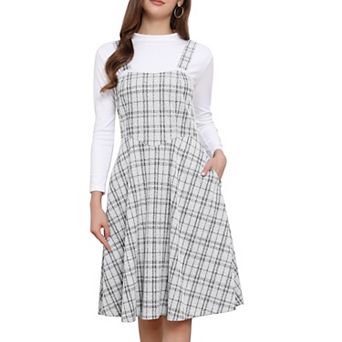 Tweed Dress for Women's Sleeveless Square Neck Plaid A-Line Pinafore Overall Dresses