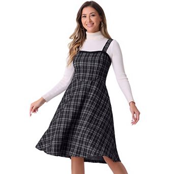 Tweed Dress for Women's Sleeveless Square Neck Plaid A-Line Pinafore Overall Dresses