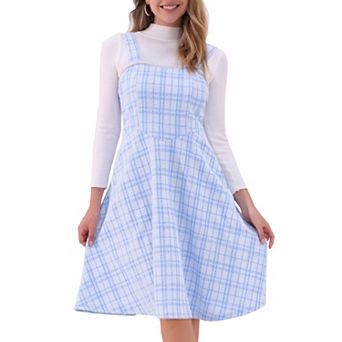 Tweed Dress for Women's Sleeveless Square Neck Plaid A-Line Pinafore Overall Dresses