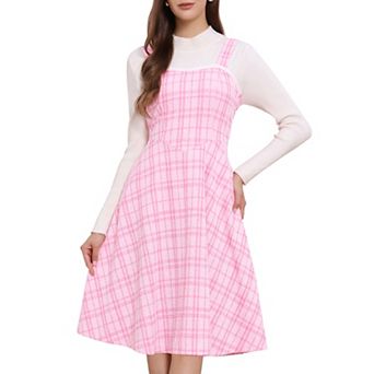 Tweed Dress for Women's Sleeveless Square Neck Plaid A-Line Pinafore Overall Dresses