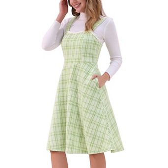 Tweed Dress for Women's Sleeveless Square Neck Plaid A-Line Pinafore Overall Dresses