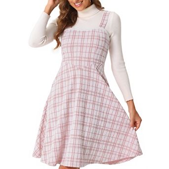 Tweed Dress for Women's Sleeveless Square Neck Plaid A-Line Pinafore Overall Dresses