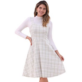 Tweed Dress for Women's Sleeveless Square Neck Plaid A-Line Pinafore Overall Dresses