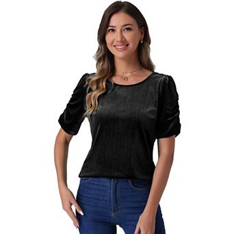 Velvet Top for Women's Round Neck Puffy Short Sleeve Party Clubwear Blouse