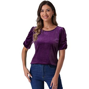Velvet Top for Women's Round Neck Puffy Short Sleeve Party Clubwear Blouse