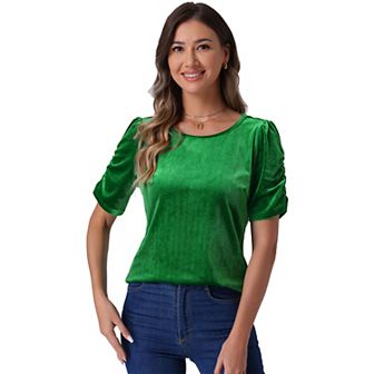 Velvet Top for Women's Round Neck Puffy Short Sleeve Party Clubwear Blouse