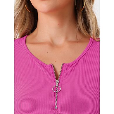 Ribbed Knit Blouse for Women's Long Sleeve Round Neck Zipper Front Tops