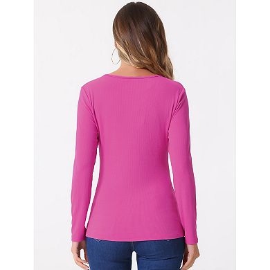 Ribbed Knit Blouse for Women's Long Sleeve Round Neck Zipper Front Tops