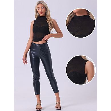Mock Neck Ruched Top for Women's Sleeveless Mesh Summer Cropped Casual Tank Tops