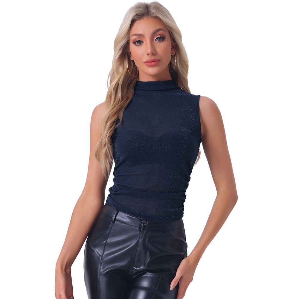 Mock Neck Ruched Top for Women's Sleeveless Mesh Summer Cropped Casual ...