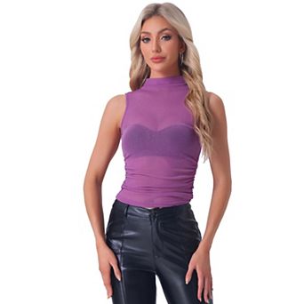 Mock Neck Ruched Top for Women's Sleeveless Mesh Summer Cropped Casual Tank Tops