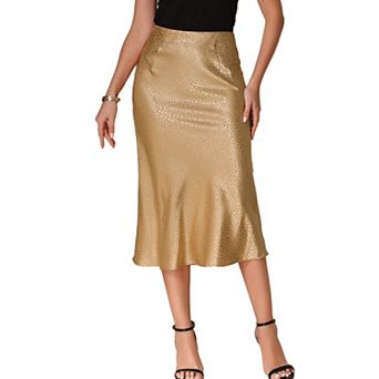 Summer Satin Skirt for Women's Printed Silky High Waist Elastic Midi Skirts