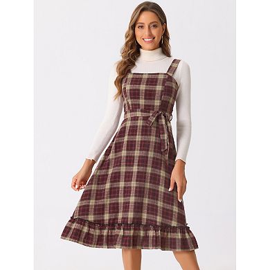 Plaid Vintage Dress for Women Ruffled Sleeveless Tie Waist A-Line Pinafore Overall Dresses