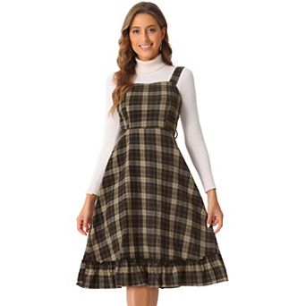 Plaid Vintage Dress for Women Ruffled Sleeveless Tie Waist A-Line Pinafore Overall Dresses