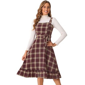 Plaid Vintage Dress for Women Ruffled Sleeveless Tie Waist A-Line Pinafore Overall Dresses