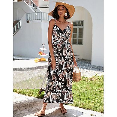 Women Summer Dresses Classic Vintage Wrap V Neck Floral Flowy Sling Tie Waist Maxi Dress