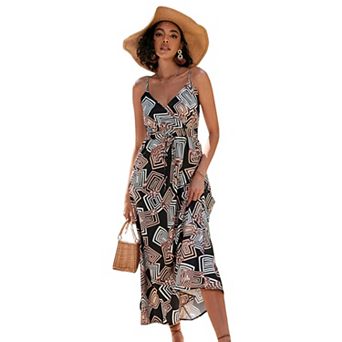 Women Summer Dresses Classic Vintage Wrap V Neck Floral Flowy Sling Tie Waist Maxi Dress