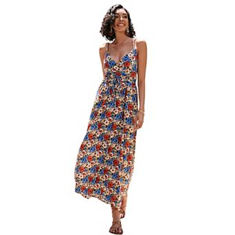 Women Summer Dresses Classic Vintage Wrap V Neck Floral Flowy Sling Tie Waist Maxi Dress