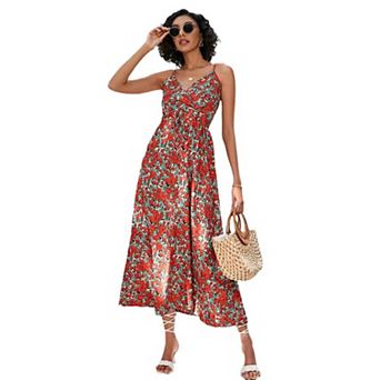 Women Summer Dresses Classic Vintage Wrap V Neck Floral Flowy Sling Tie Waist Maxi Dress