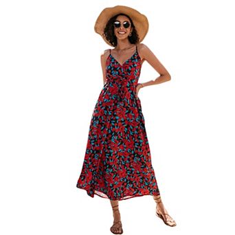 Women Summer Dresses Classic Vintage Wrap V Neck Floral Flowy Sling Tie Waist Maxi Dress