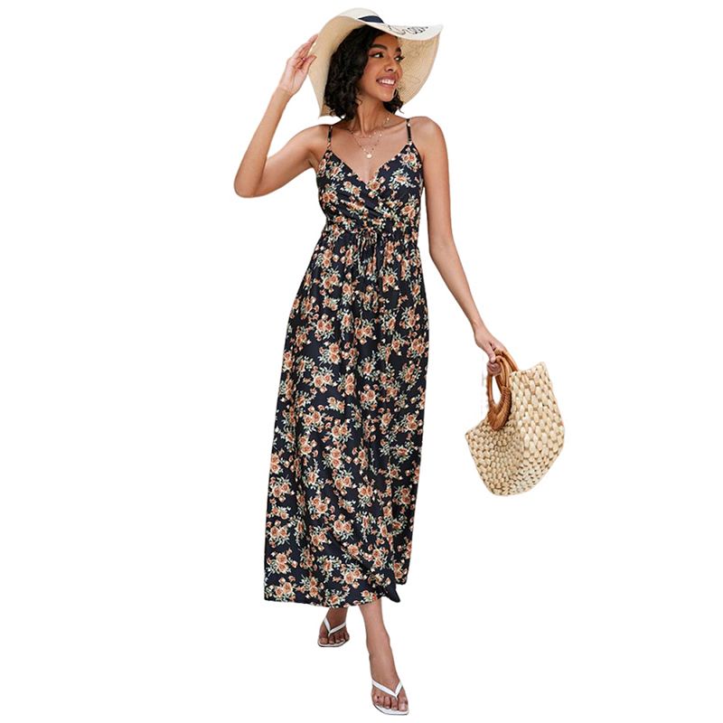 summer dresses classic Women Vintage Wrap V Neck Floral Flowy Sling Tie Waist Maxi Dress simple classic dress