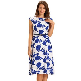Floarl Dress for Women's Cocktail Cap Sleeve Belt A-Line Vintage Dresses