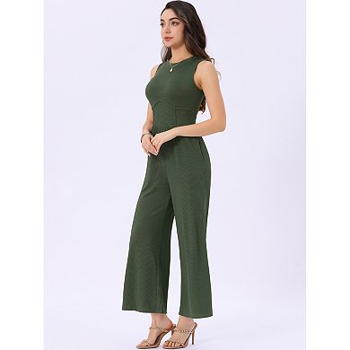 Summer Jumpsuit for Women's Dressy Casual One Piece Outfits Sleeveless Crewneck Wide Leg Pants