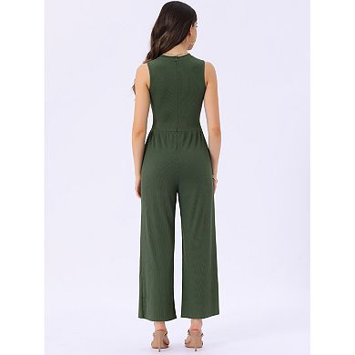 Summer Jumpsuit for Women's Dressy Casual One Piece Outfits Sleeveless Crewneck Wide Leg Pants
