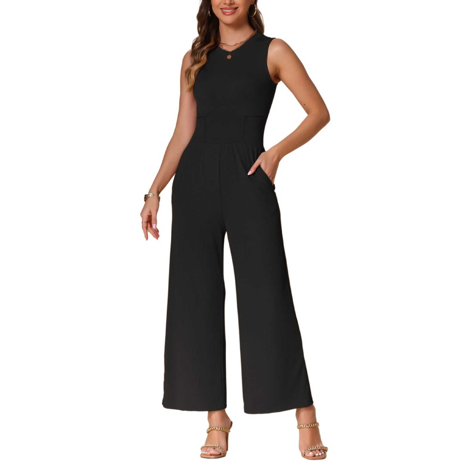 Женские брюки Summer Jumpsuit for Dressy Casual One Piece Outfits Sleeveless Crewneck Wide Leg Pants