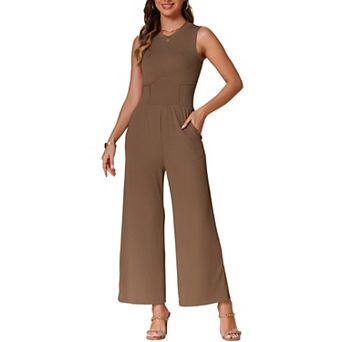Summer Jumpsuit for Women's Dressy Casual One Piece Outfits Sleeveless Crewneck Wide Leg Pants