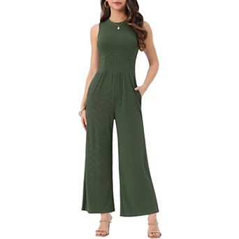 Summer Jumpsuit for Women's Dressy Casual One Piece Outfits Sleeveless Crewneck Wide Leg Pants