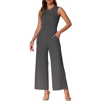 Summer Jumpsuit for Women's Dressy Casual One Piece Outfits Sleeveless Crewneck Wide Leg Pants