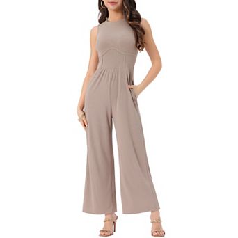 Summer Jumpsuit for Women's Dressy Casual One Piece Outfits Sleeveless Crewneck Wide Leg Pants