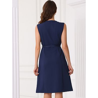 Work Dresses for Women's V Neck Sleeveless Office Dress with Belt