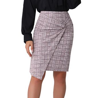 Tweed Skirt for Women's Elastic High Waist Wrap Front Office Bodycon Pencil Skirts