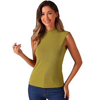 Mock Neck Blouse for Women's Summer Knit Ribbed Sleeveless Tops