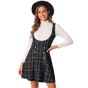 Overall Pinafore Dress for Women's U Neck Plaid Tweed Dress