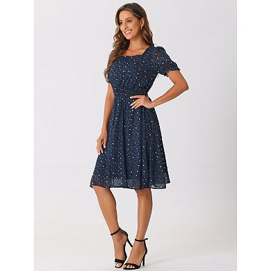 Square Neck Dress for Women's Metallic Stars Ruffle Half Sleeve A-Line Stretch Waist Midi Dresses