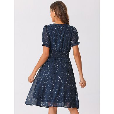Square Neck Dress for Women's Metallic Stars Ruffle Half Sleeve A-Line Stretch Waist Midi Dresses