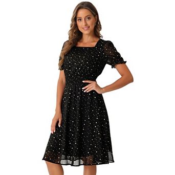 Square Neck Dress for Women's Metallic Stars Ruffle Half Sleeve A-Line Stretch Waist Midi Dresses