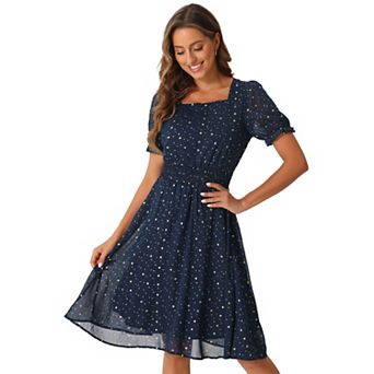 Square Neck Dress for Women's Metallic Stars Ruffle Half Sleeve A-Line Stretch Waist Midi Dresses