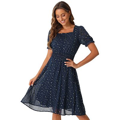 Square Neck Dress for Women's Metallic Stars Ruffle Half Sleeve A-Line  Stretch Waist Midi Dresses