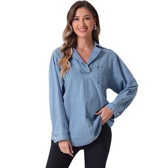 Denim Pullover Blouse for Women's V Neck Collared Long Sleeve Casual Jean Blouses Top
